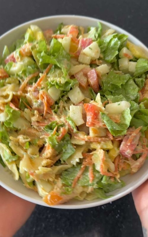 Mais um vez estou aqui para te provar que Você só passa fome no processo de emagrecimento se quiser e essa salada vai ser sua aliada,  Poucas calorias fácil de fazer e fica uma delícia!  P/ o molho:  1 ovo cozido e 1 clara 1/2 limão espremido 1 colher de requeijão light, sal e salsinha. Mistura no mix e reserva  Usei na salada: Alface, tomate picadinho, pepino cenoura ralada e manga.  100g de macarrão  110g de filé de frango desfiado   Uma ótima opção para o verão! Se gostou já salva para fazer depois  #receitasfaceis #receitasfit #salada #receitasaudavelfacil 