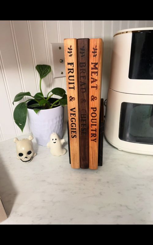Cookbook cuttingboards that my husband made! The cutest hardwood cuttingboards that look like cookbooks #cuttingboards #cookbooks