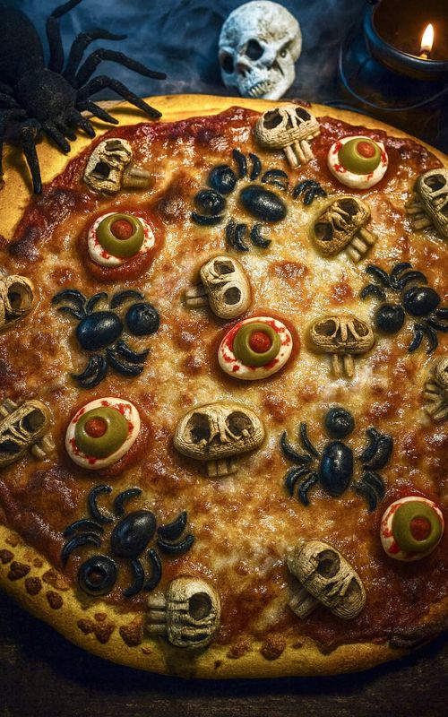 Creepy Skeleton Pizza 👁️💀 1 pizza crust, homemade or store bought Pizza sauce Shredded mozzarella White mushrooms Pitted black olives Mini mozzarella/bocconcini Pimento stuffed green olives For 🕷️ use the sliced top of a black olive for the head, the body is an olive sliced lengthwise in half, and for legs cut each halved piece into 4 longer strips. Arrange as shown. For 👁️ slice mini mozzarella balls into 3mm slices, add a slice of pimento stuffed green olive as the iris and pupil, use a toothpick to paint red food colour veins. Do this while the pizza is baking and put them on the pizza AFTER it’s done baking, placing them a small amount of extra pizza sauce. They’ll melt and smudge slightly and look like a gross eyeball! For 💀 use a straw to gouge out eyeballs in mushrooms, use a paring knife to remove interior for a black eye hole. Cut out slits for nostrils, and slits in the stem for a skeleton look. Cut the mushrooms in half (you can get two from each mushroom if it stays intact) Bake pizza according to package instructions or until crust is golden. I baked 13-15 mins at 220C non convection. 👻🎃 Romanian 🇷🇴 rețeta in comentarii! Pizza Schelet Înfiorător 👁️💀 1 blat de pizza, de casă sau din comerț Sos de pizza Mozzarella rasă Ciuperci albe Măsline negre fără sâmburi Mini mozzarella/bocconcini Măsline verzi umplute cu ardei roșu Pentru 🕷️ folosiți partea de sus feliată a unei măsline negre pentru cap, corpul este o măslină tăiată pe lungime în jumătate, iar pentru picioare tăiați fiecare jumătate în 4 fâșii mai lungi. Aranjați așa cum se vede în video. Pentru 👁️ tăiați mini mozzarella/bocconcini în felii de 3 mm, adăugați o felie de măslină verde umplută cu ardei ca iris și pupilă, folosiți o scobitoare pentru a picta vene roșii de colorant alimentar. Faceți acest lucru în timp ce pizza se coace și puneți-le pe pizza DUPĂ ce s-a copt, deasupra unei o cantitate mici de sos de pizza suplimentar. Se vor topi și se vor întinde ușor și vor arăta ca un ochi scârbos! Pentru 💀 folosiți un pai pentru a scoate globii oculari din ciuperci, scobiti interiorul cu un cuțit pentru o gaură neagră în ochi. Decupați fante pentru nări și fante în tulpină pentru un aspect de schelet. Tăiați ciupercile în jumătate (puteți obține câte două din fiecare ciupercă dacă aceasta rămâne intactă). Coaceți pizza conform instrucțiunilor de pe ambalaj sau până când crusta este aurie. Eu am copt 13-15 minute la 220°C, fără convecție. 👻🎃 #halloweenfood #spookyszn #halloweenpizza